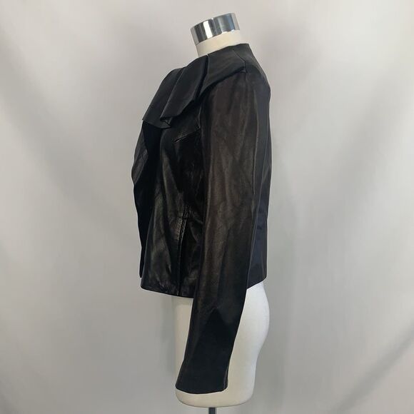 Diane Von Furstenberg black leather with pleated collar jacket - Picture 6 of 12